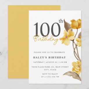 Floral Chic Elegant Simple Yellow 100th Birthday Invitation