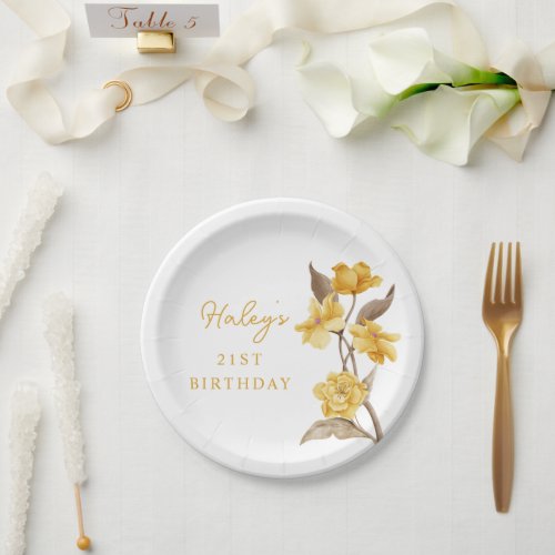 Floral Chic Elegant Simple Yellow 21st Birthday Paper Plates