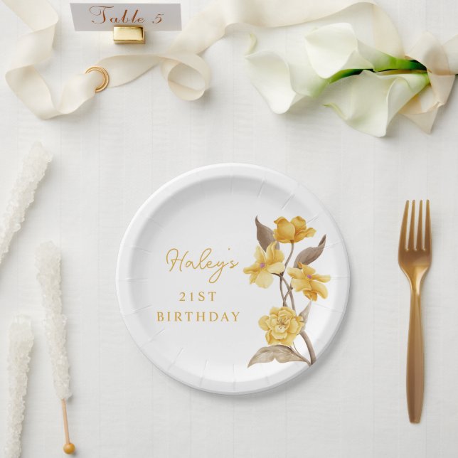 Floral Chic Elegant Simple Yellow 21st Birthday Paper Plates (Wedding)