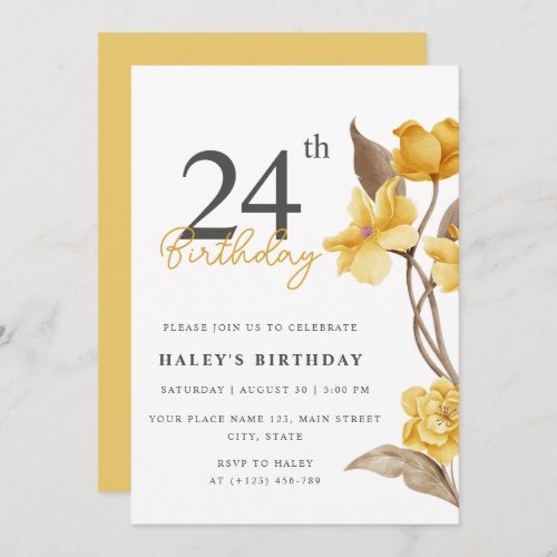 Floral Chic Elegant Simple Yellow 24th Birthday Invitation