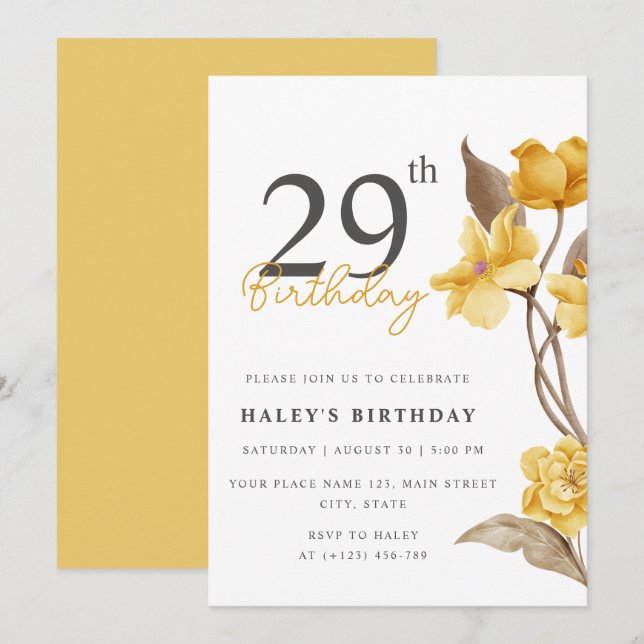 Floral Chic Elegant Simple Yellow 29th Birthday Invitation (Front/Back)