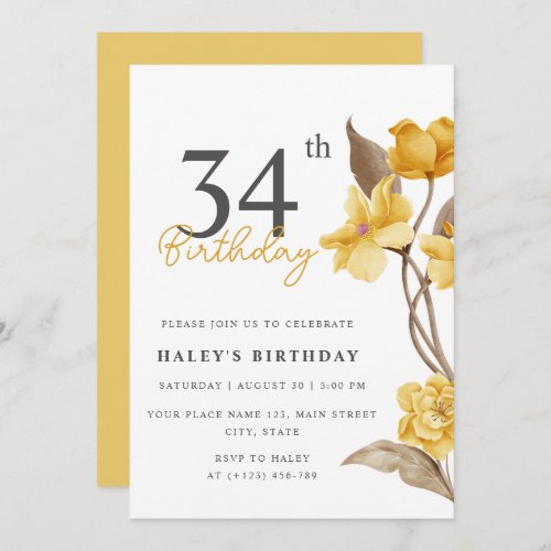 Floral Chic Elegant Simple Yellow 34th Birthday Invitation