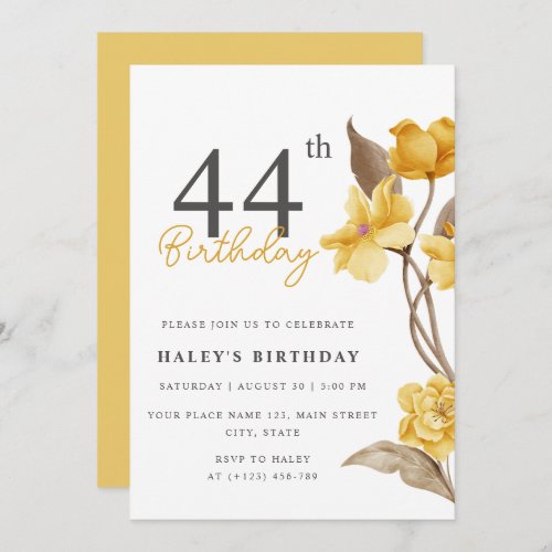 Floral Chic Elegant Simple Yellow 44th Birthday Invitation