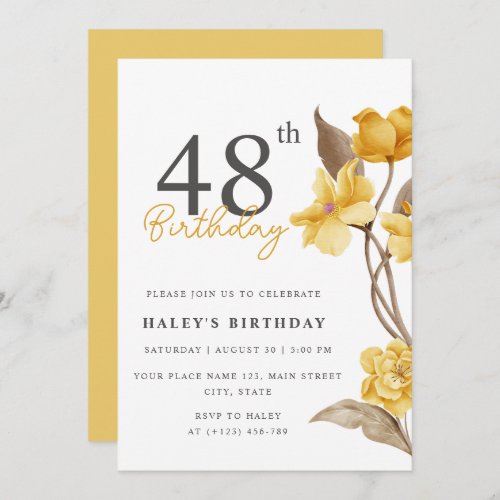 Floral Chic Elegant Simple Yellow 48th Birthday Invitation