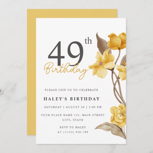 Floral Chic Elegant Simple Yellow 49th Birthday Invitation