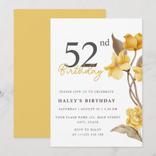 Floral Chic Elegant Simple Yellow 52nd Birthday Invitation