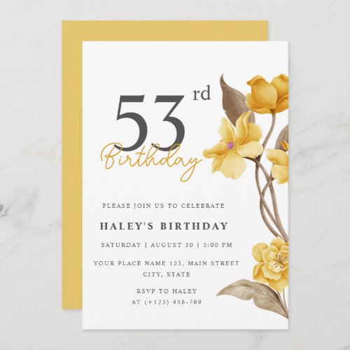 Floral Chic Elegant Simple Yellow 53rd Birthday Invitation