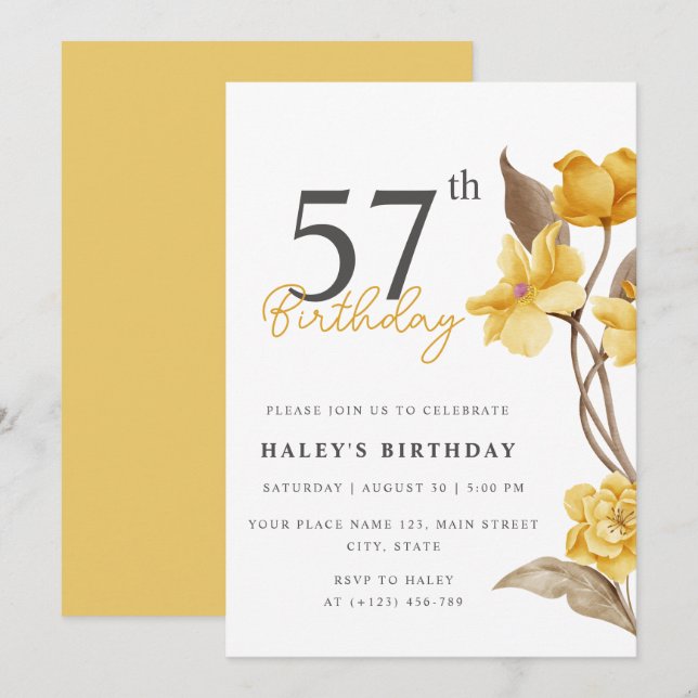 Floral Chic Elegant Simple Yellow 57th Birthday Invitation (Front/Back)