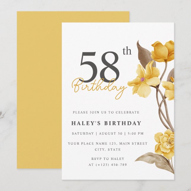 Floral Chic Elegant Simple Yellow 58th Birthday Invitation (Front/Back)
