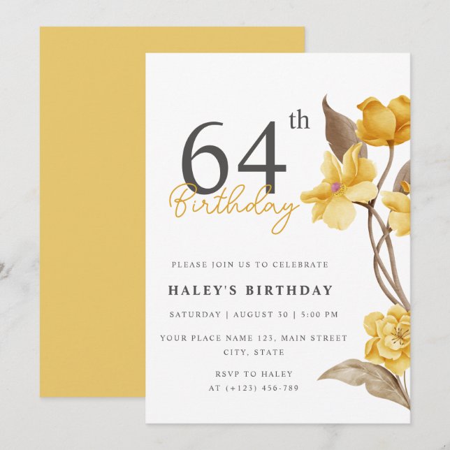 Floral Chic Elegant Simple Yellow 64th Birthday Invitation (Front/Back)
