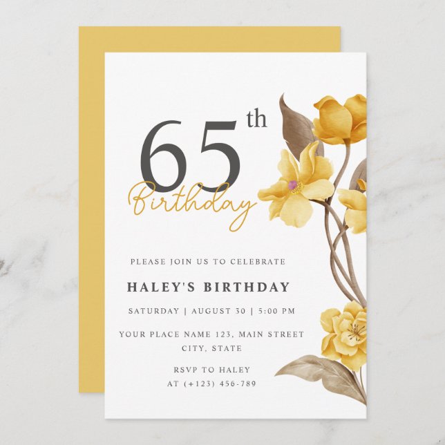 Floral Chic Elegant Simple Yellow 65th Birthday Invitation (Front/Back)