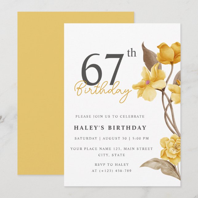 Floral Chic Elegant Simple Yellow 67th Birthday Invitation (Front/Back)