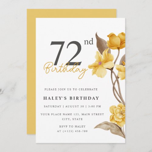 Floral Chic Elegant Simple Yellow 72nd Birthday Invitation