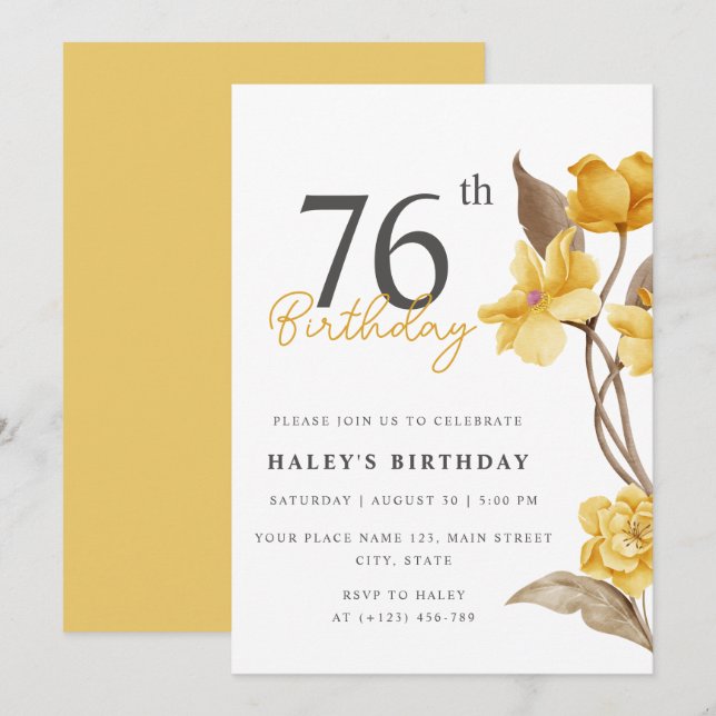 Floral Chic Elegant Simple Yellow 76th Birthday Invitation (Front/Back)