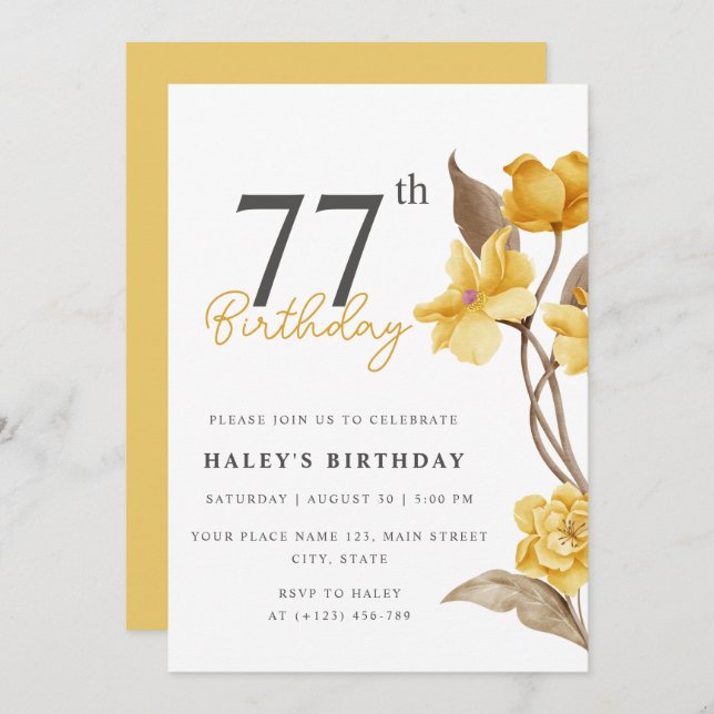 Floral Chic Elegant Simple Yellow 77th Birthday Invitation (Front/Back)