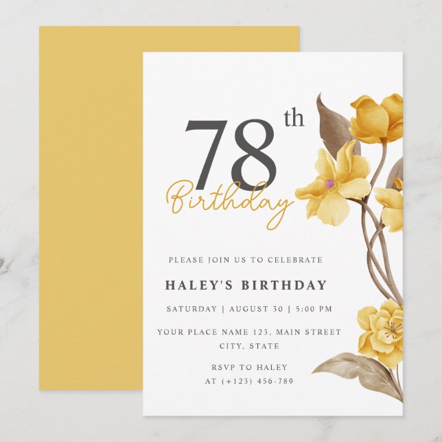 Floral Chic Elegant Simple Yellow 78th Birthday Invitation (Front/Back)