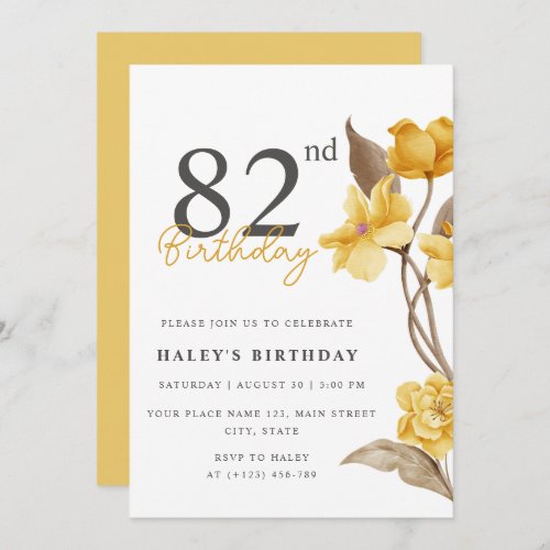 Floral Chic Elegant Simple Yellow 82nd Birthday Invitation