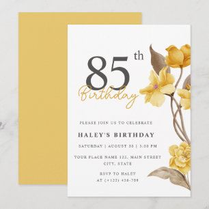 Floral Chic Elegant Simple Yellow 85th Birthday Invitation