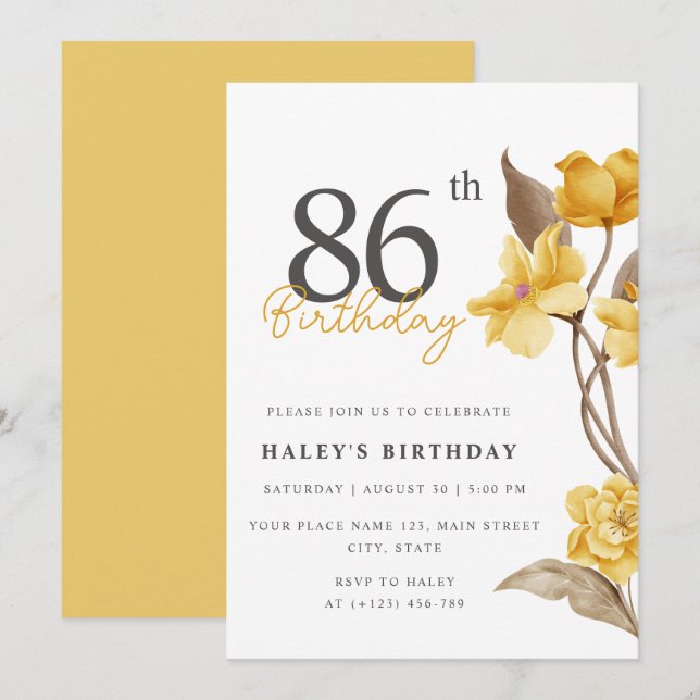 Floral Chic Elegant Simple Yellow 86th Birthday Invitation (Front/Back)