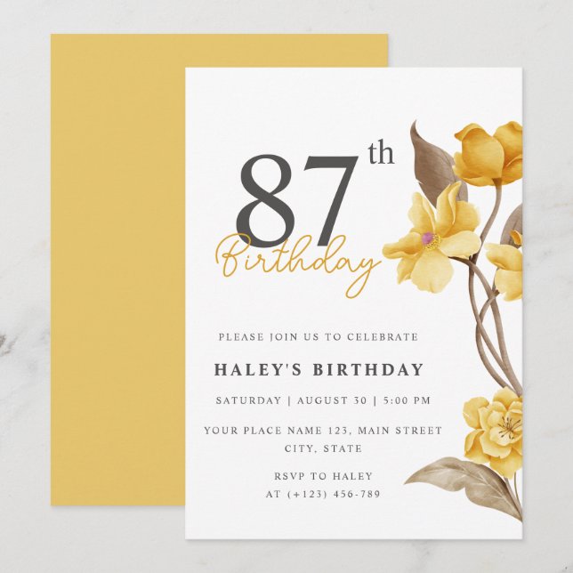 Floral Chic Elegant Simple Yellow 87th Birthday Invitation (Front/Back)