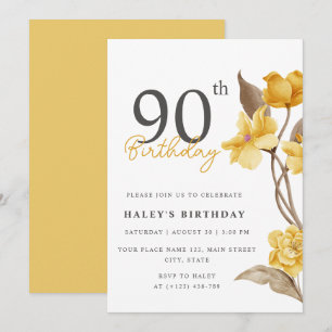 Floral Chic Elegant Simple Yellow 90th Birthday Invitation