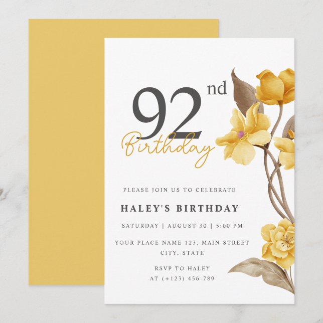 Floral Chic Elegant Simple Yellow 92nd Birthday Invitation (Front/Back)