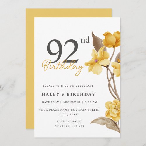 Floral Chic Elegant Simple Yellow 92nd Birthday Invitation