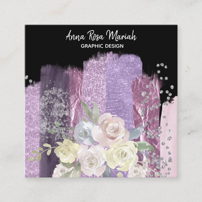 *~* Floral Chic Glitter Girly Feminine Exciting Square Business Card (Front)