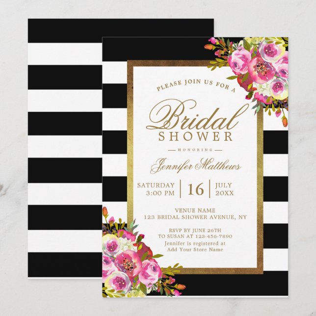 Floral Chic Gold Black White Stripes Bridal Shower Invitation (Front/Back)