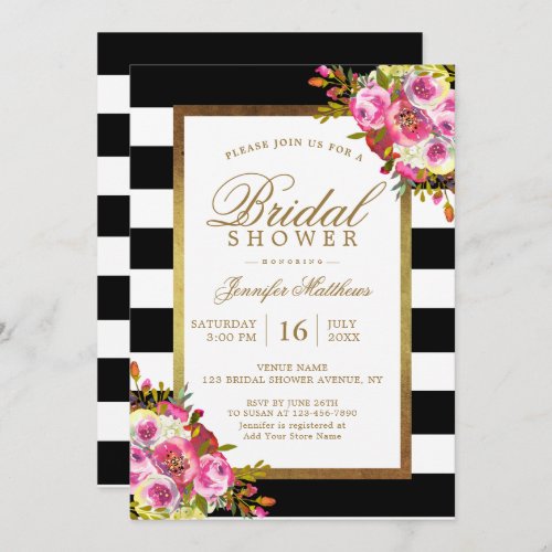 Floral Chic Gold Black White Stripes Bridal Shower Invitation