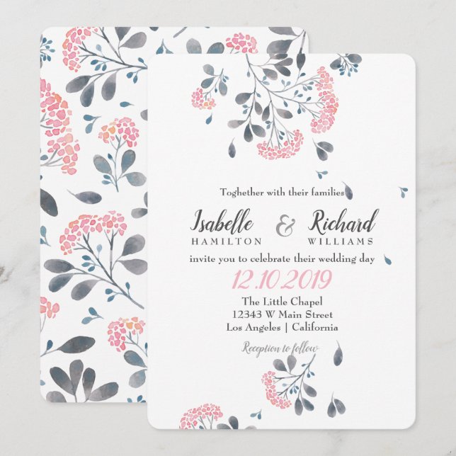 Floral chic grey pink dandelion watercolor wedding invitation (Front/Back)