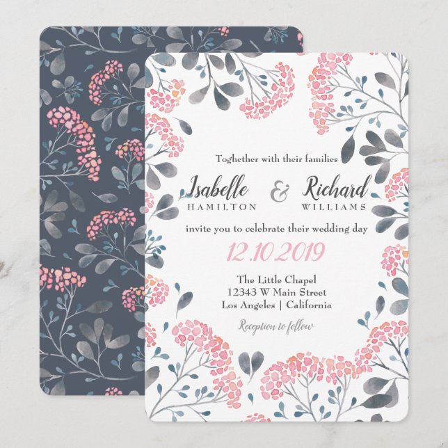 Floral chic grey pink frame watercolor wedding invitation (Front/Back)