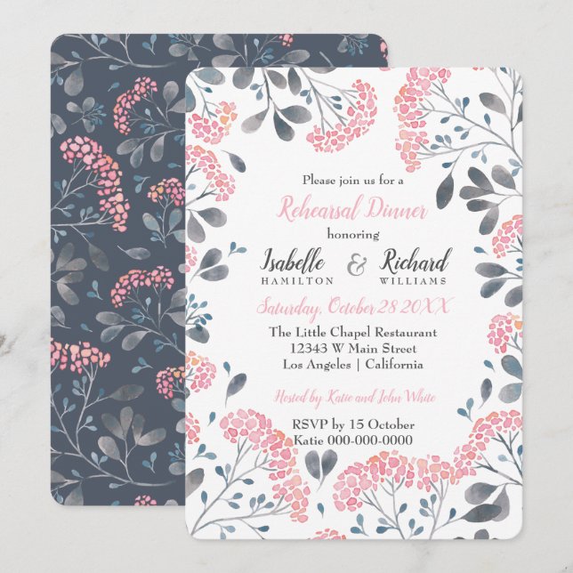 Floral chic grey pink watercolor Rehearsal Dinner Invitation (Front/Back)