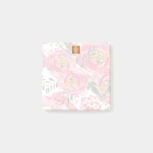 Floral chic metallic gold copper monogrammed post_it notes