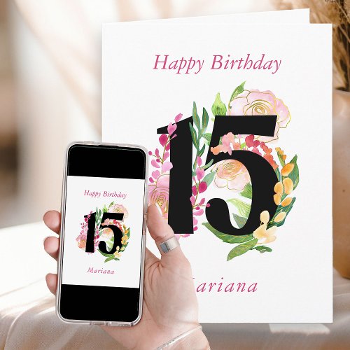 Floral Chic Number 15 Personalized 15th Birthday Card