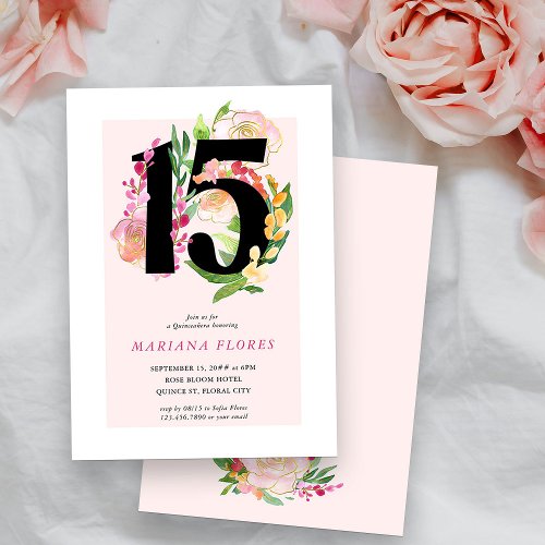 Floral Chic Number 15 Pink and Gold Quinceanera Invitation