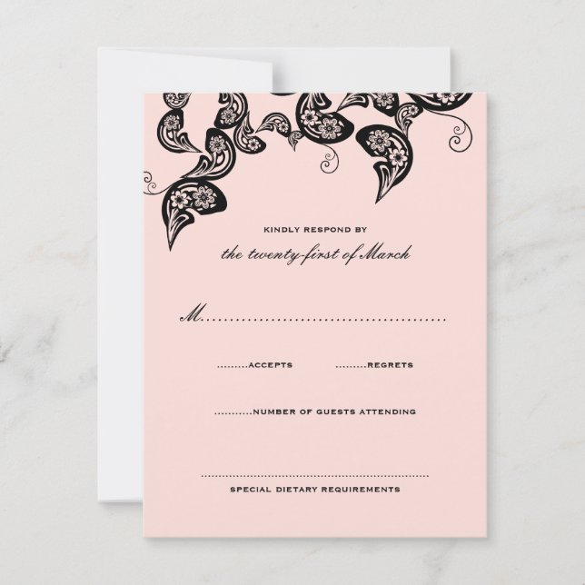 Floral Chic Peacock Black Pink Wedding RSVP Card (Front)