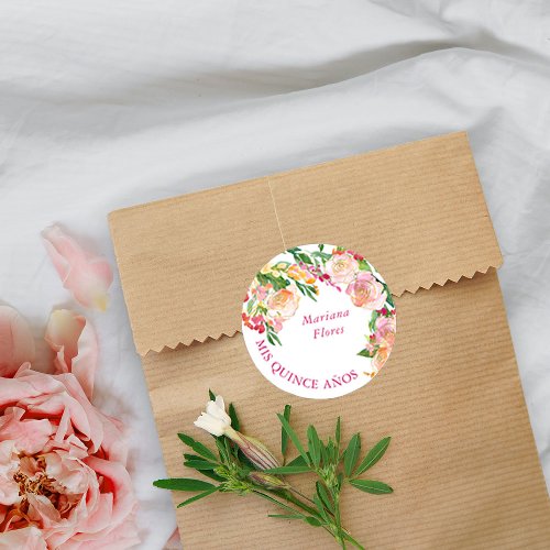 Floral Chic Pink and Gold Editable Mis Quince Anos Classic Round Sticker