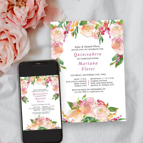 Floral Chic Pink and Gold Quinceanera and Mass Invitation