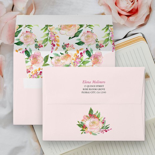 Floral Chic Pink and Gold Return Address Envelope