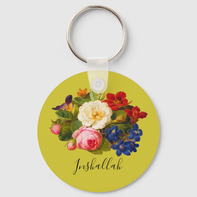 Floral Chic Pink White Rose Red Inshallah Green Keychain (Front)
