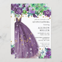 Floral Chic Purple Gold Glitter Dress QUINCEAÑERA Invitation