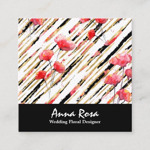  Floral Chic Red Poppy Black White Glitter Foil Square Business Card