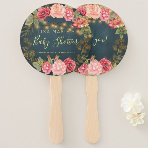 Floral chic roses baby girl shower welcome favor hand fan