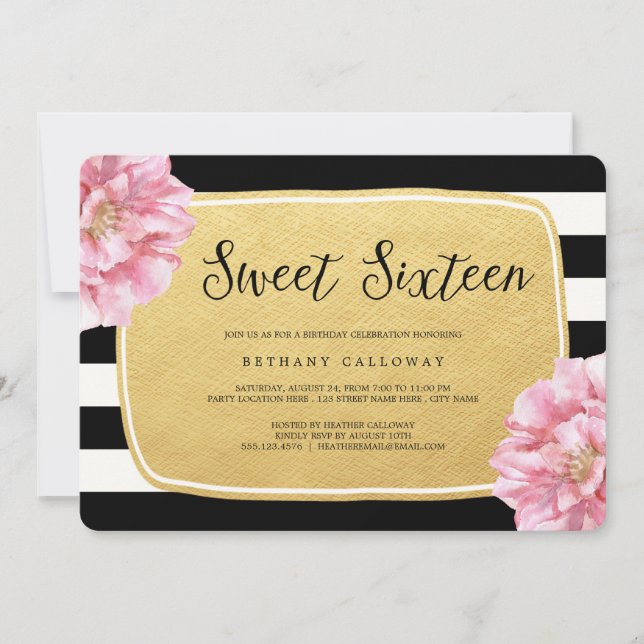 Floral Chic Sweet 16 Birthday Invite / Faux Foil (Front)