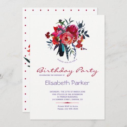 Floral chic watercolor bouquet birthday party invitation