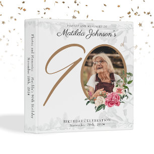 Floral Chic White Gold Custom Photo 90th Birthday 3 Ring Binder