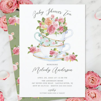 Floral China Tea Cup Baby Shower Invitation by invitationstop at Zazzle