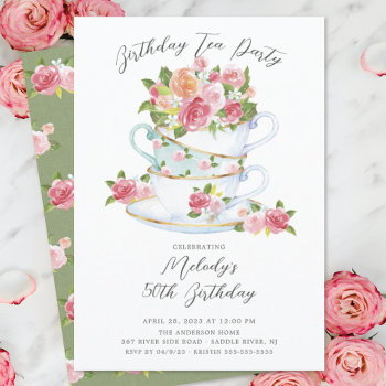 Floral China Tea Cup Birthday Tea Party Invitation by invitationstop at Zazzle