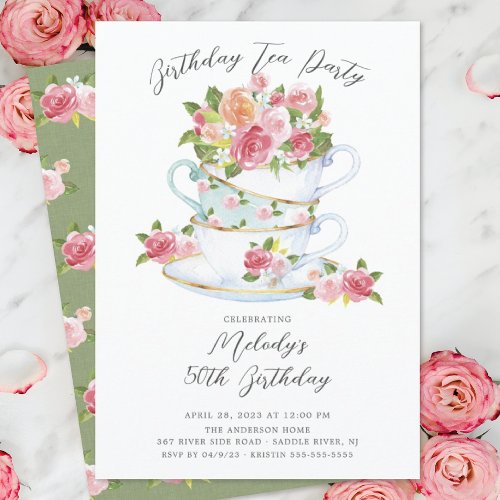 Floral China Tea Cup Birthday Tea Party Invitation